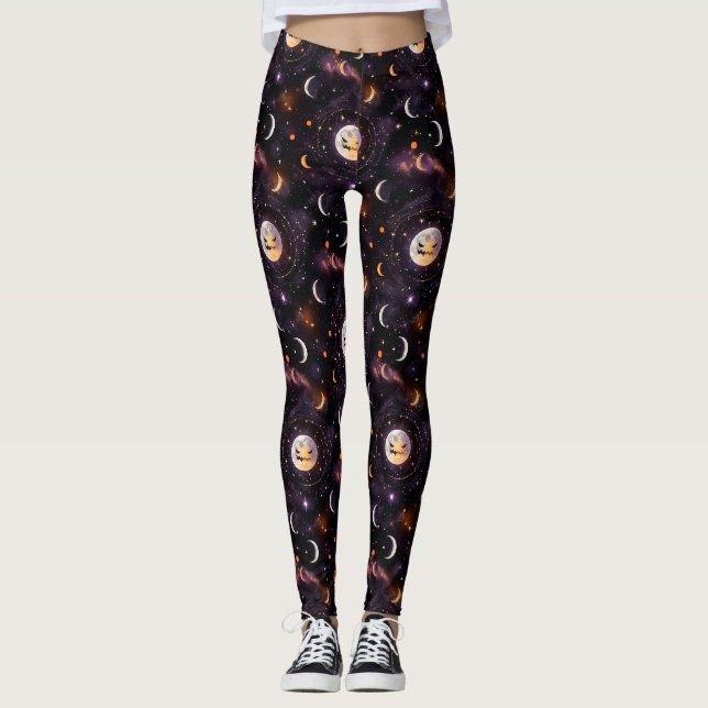 Kosmiskt Pumpa Måne Bokeh - Kuslig Celestial Leggings (Framsida)