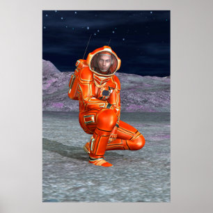 Kosmiskt resenärsurrealistiskt planetlandskapsart poster
