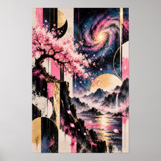 Kosmiskt Sakura mångeometri Rosa Guld Måne Konst Poster
