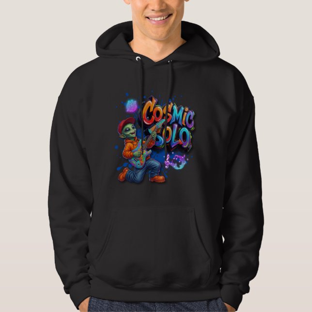 Kosmiskt Solo Alien Gitarrspelare Rymdmusik Konst Hoodie (Framsida)