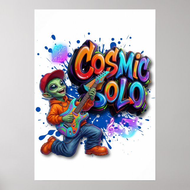Kosmiskt Solo Alien Gitarrspelare Rymdmusik Konst Poster (Framsidan)