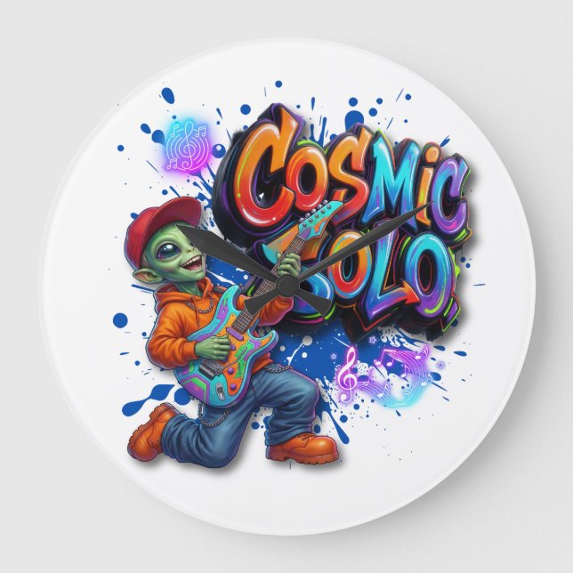 Kosmiskt Solo Alien Gitarrspelare Rymdmusik Konst Stor Klocka (Framsida)