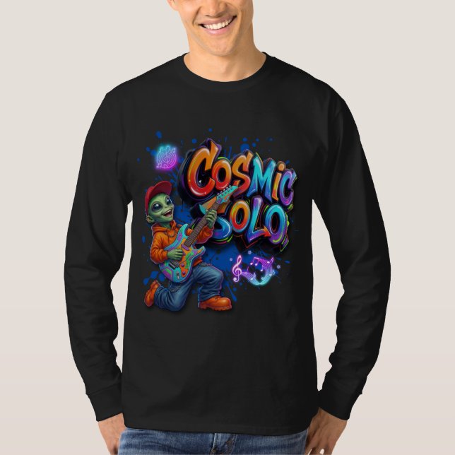 Kosmiskt Solo Alien Gitarrspelare Rymdmusik Konst T Shirt (Framsida)