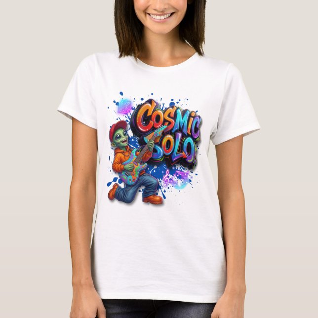 Kosmiskt Solo Alien Gitarrspelare Rymdmusik Konst T Shirt (Framsida)