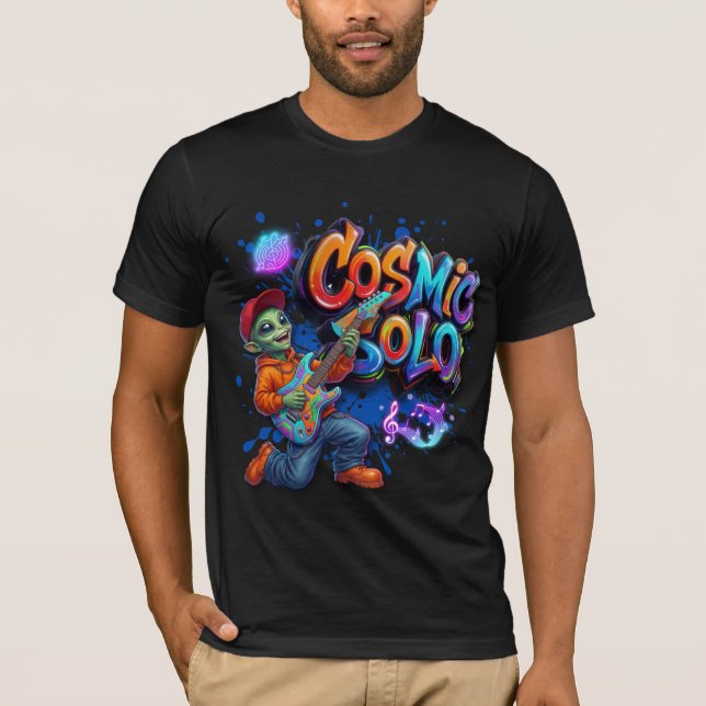 Kosmiskt Solo Alien Gitarrspelare Rymdmusik Konst T Shirt (Framsida)