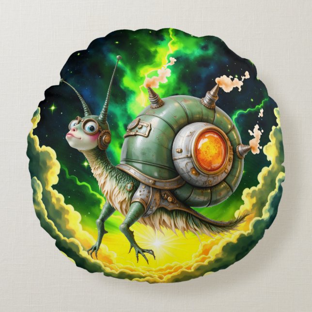 Kosmiskt Steampunk Snigelfågel – Neon Drömvarelse. Rund Kudde (Framsidan)