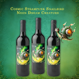 Kosmiskt Steampunk Snigelfågel – Neon Drömvarelse. Vinflaska Etikett