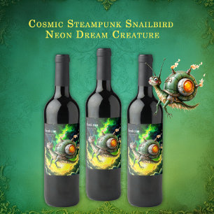 Kosmiskt Steampunk Snigelfågel – Neon Drömvarelse. Vinflaska Etikett