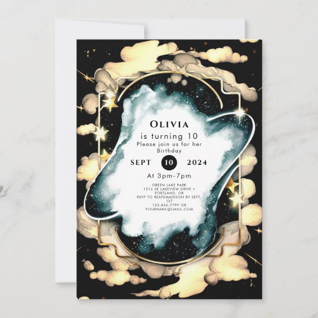 Kosmiskt vattenfärgsutrymme födelsedag inbjudningar (Framsida)