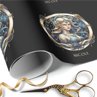 Kosmivirus Zodiac Symbol Blue Guld Våg Presentpapper