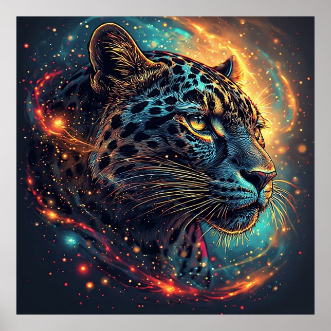 Kosmonisk Leopard Porträtt Med Mystisk Effekt Poster (Framsidan)