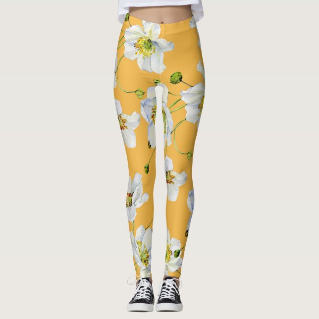 Kosmos, vattenfärg, sömlöst, blommönster. leggings (Framsida)