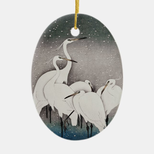 Koson Egrets i snön: Vintage japanska Julgransprydnad Keramik (Framsidan)