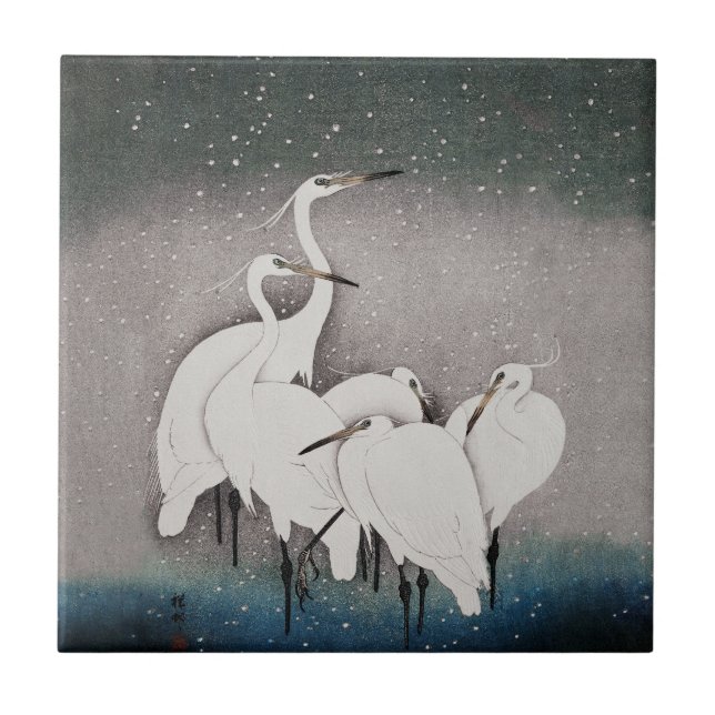 Koson Egrets i snön: Vintage japanska Kakelplatta (Framsidan)