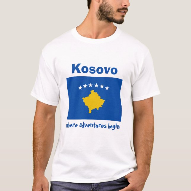 Kosovo Flagga + Karta + Text T-Shirt (Framsida)