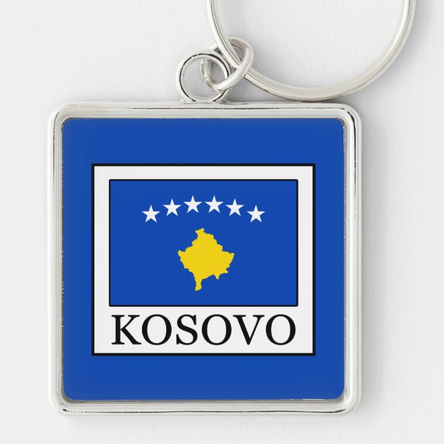 Kosovo Fyrkantig Silverfärgad Nyckelring (Framsidan)