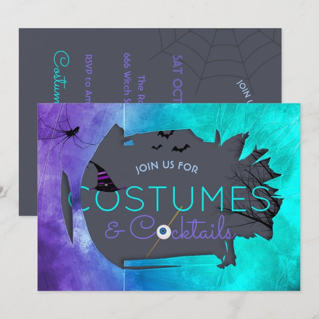 Kostym- och cocktail Halloween-fest inbjudan (Fram/baksida)