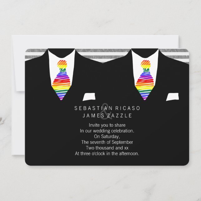 Kostym och Rainbow Tie Gay Bröllop Inbjudningar (Framsida)