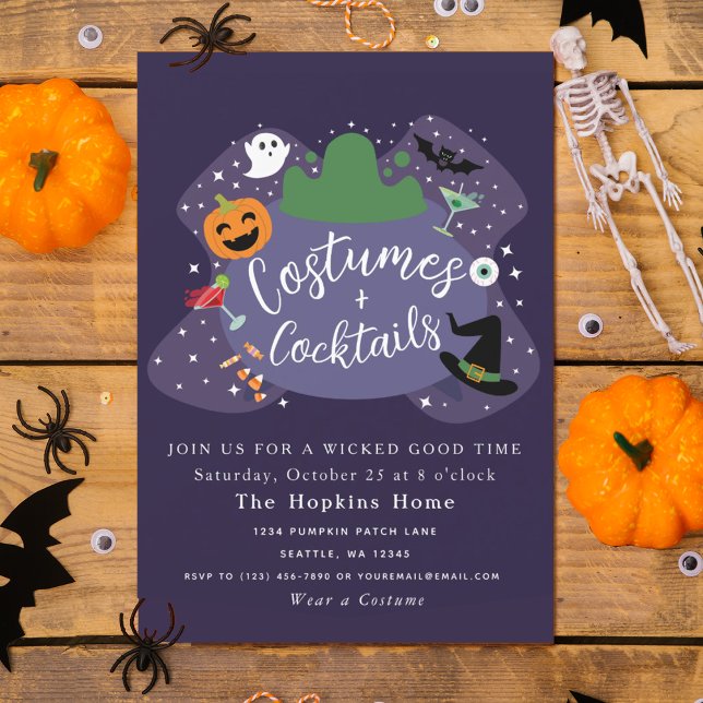 Kostymer och cocktails Halloween-fest i gryta  Inbjudningar (Skapare uppladdad)
