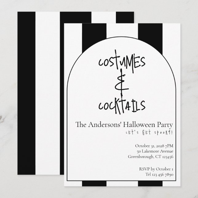 Kostymer och cocktails Halloweenfest Stripes Inbjudningar (Fram/baksida)