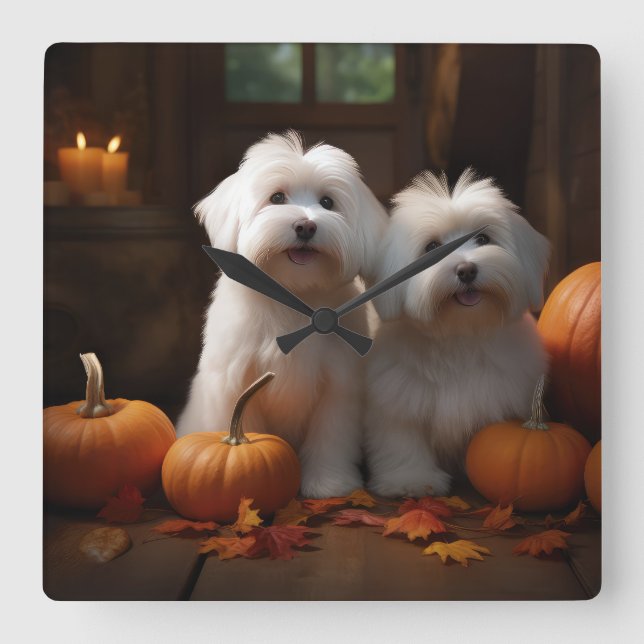 Koton De Tulear Puppy Autumn Delight Pumpkin Fyrkantig Klocka (Framsida)