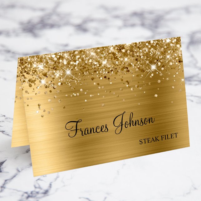 Kött av glittery Guld Namn-Plattor Bordsnummer (Glittery Gold Meal Choice Name Place Cards)