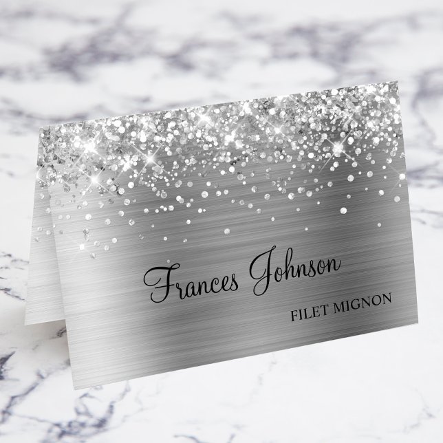 Kött av glittery Silver Namn-Plattor Bordsnummer (Glittery Silver Meal Choice Name Place Cards)