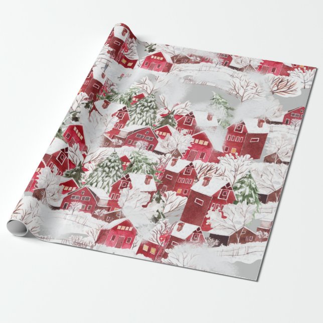 KOTTAGARE I SNÖ VINTAGE CHRISTMAS PRESENTPAPPER (Utrullad)
