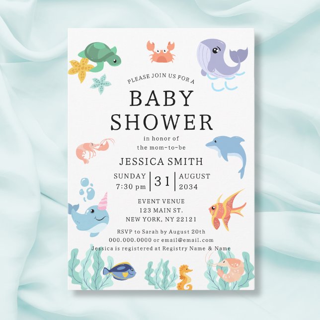 Köttdjur Neutral babystötare Inbjudningar (Sea Animals Gender Neutral Baby Shower Invitation
)