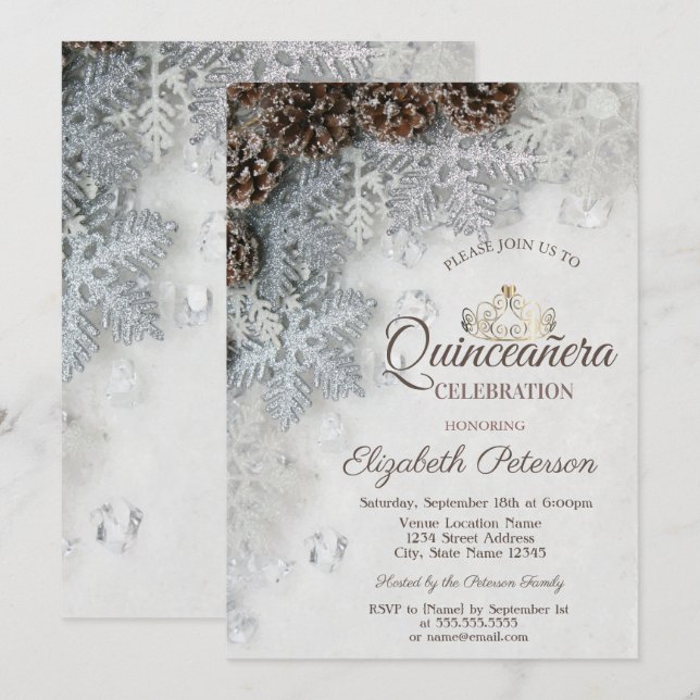 Kottkott, Snöflingor, Tiara, Quinceañera  Inbjudningar (Fram/baksida)