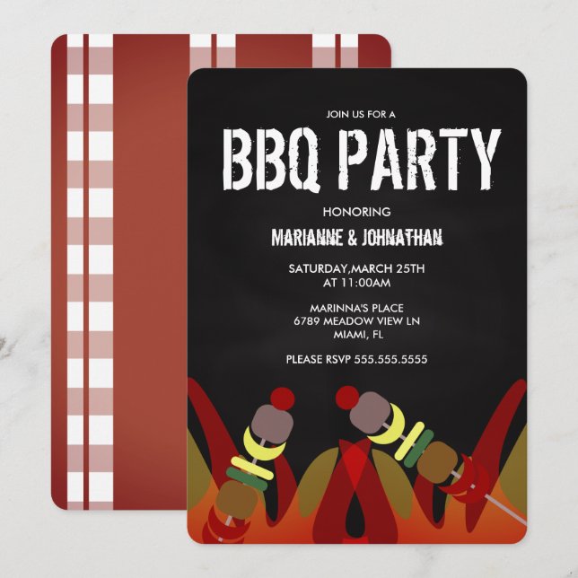 Köttspett BBQ Flammor Grillfest Partyinbjudan Inbjudningar (Fram/baksida)