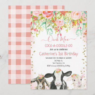 Kow Animal Oink Moo Cockadoodle Doo Birthday Inbjudningar