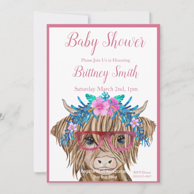 Kow Baby Shower-inbjudan, Highland Cow, Girl Julkort (Framsida)