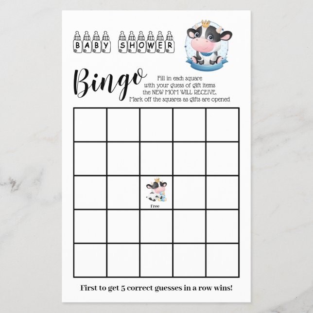 Kow Baby Shower - vackert Dream Bingo-spelkort Flygblad (Framsidan)