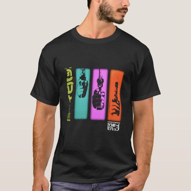 Kow Bebop Hand Gun Colorful Panels T Shirt (Framsida)