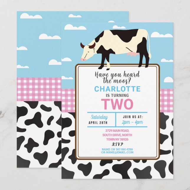 Kow Birday Inbjudan 2 2nd Heliga Cow Party Inbjuda (Fram/baksida)