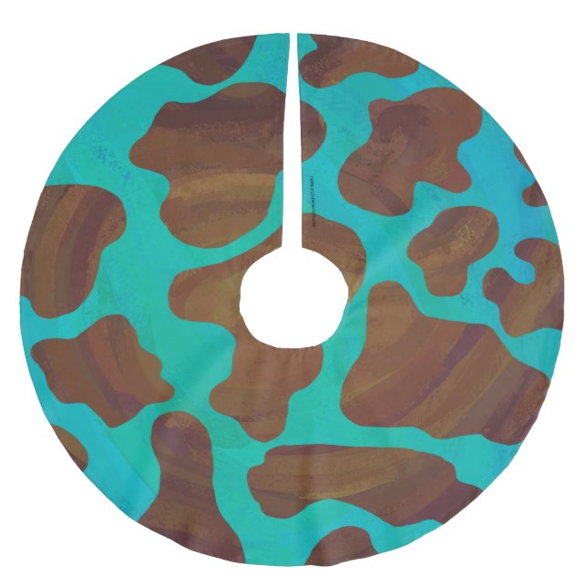 Kow Brown och Teal Print Julgransmatta Borstad Polyester (Framsidan)