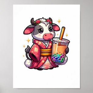 Kow Drinking Bubble Tea Japanska Kimono _1_1 Poster