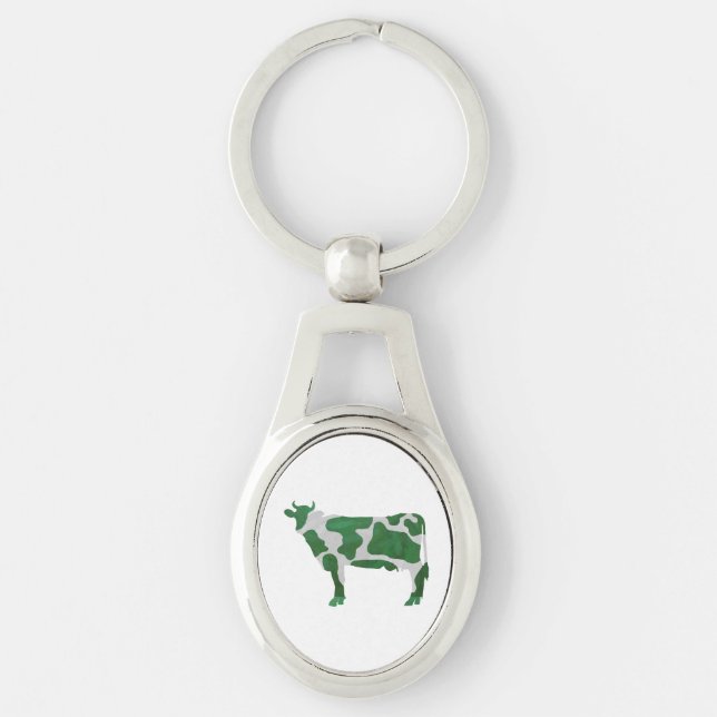 Kow-Grönt och vit Silhouette Ovalt Silverfärgad Nyckelring (Framsidan)