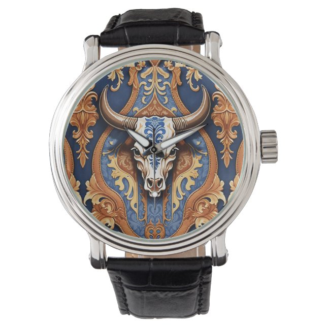 Kow Head Western präglad läderdamask Armbandsur (Framsida)