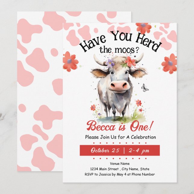 Kow Herd moos 1st Birthday Girl Inbjudningar (Fram/baksida)