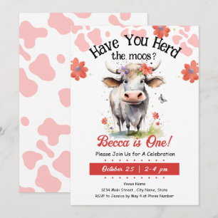 Kow Herd moos 1st Birthday Girl Inbjudningar