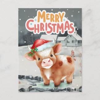 Kow med julhatt på vintern nattvy helg vykort