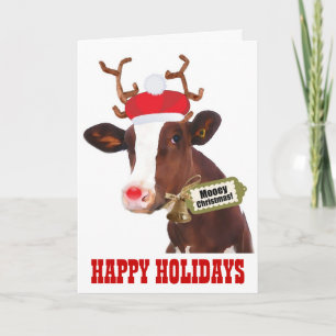 Kow med Reindeer Antlers och Santa Hat Helgkort