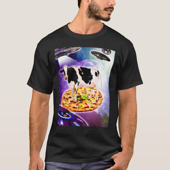 Kow Ridning Pizza I Rymden Med Ufo T Shirt (Framsida)