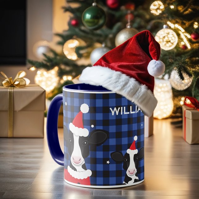Kow Santa Blue Play Namn Farm Djurjul Mugg (Get this fun and personalized cow Santa hat mug for your holiday!)