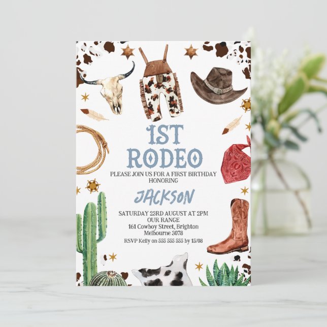 Kow Skriv ut Cowboy Min första rodeo 1:a födelseda Inbjudningar (Stående Fram)