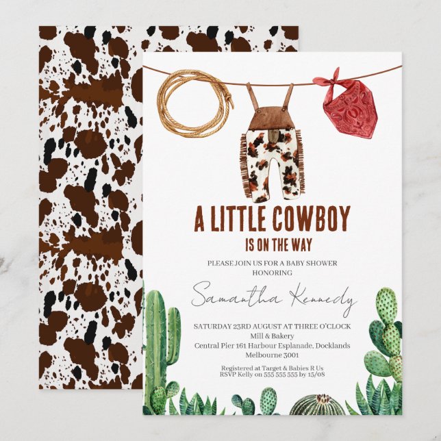 Kow Skriv ut Rustic Little Cowboy Baby Shower Inbjudningar (Fram/baksida)