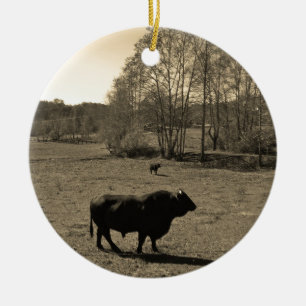 Kow, svart tjur. Sepia Tone Photo Julgransprydnad Keramik