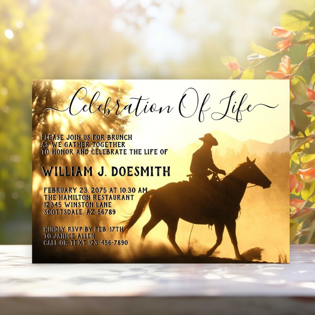 Kowbojbegravnings Minnestjänst Golden Sunset Inbjudningar (Cowboy funeral and memorial service announcement and invitation.)
